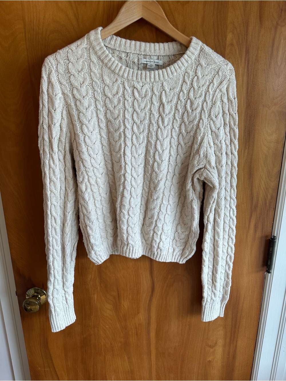 American Eagle Outfitters Cream Cable-Knit Crewneck Sweater